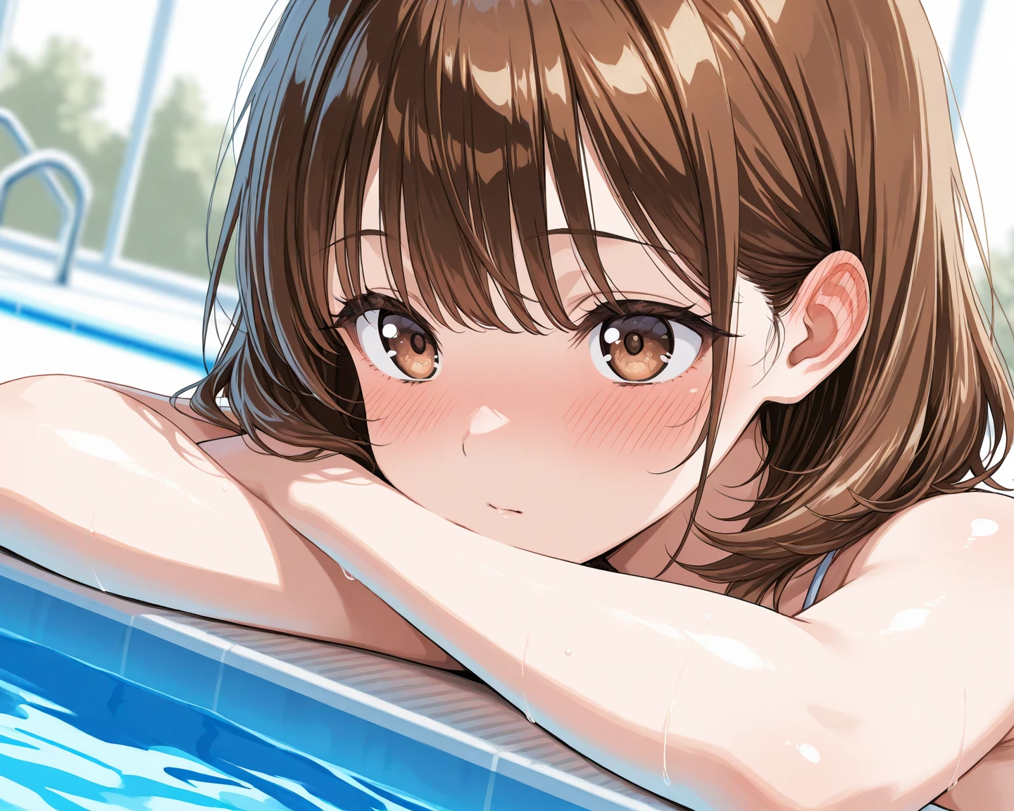 ((Tabletop, Highest quality, High resolution, , Pixel Perfect, 4K,))), 1 female, 、The whole body is visible、 ((Long Wavy Hair, bangs, Brown Hair)), ((Brown eyes, Beautiful eyelashes, Realistic eyes)), ((Detailed face, Blushing:1.2)), ((Smooth texture:0.75, Realistic texture:0.65, Realistic:1.1, Anime CG Style)), Medium sized breasts, Dynamic Angle, Perfect body, (( , , Beautiful swimming trainer、、Black and red swimming wear 、)), 、、Very embarrassing panic smile, 、、、Luxury hotel pool、Sit on a bench by the pool、Nipples are visible、、、、、 、Angle from below)、