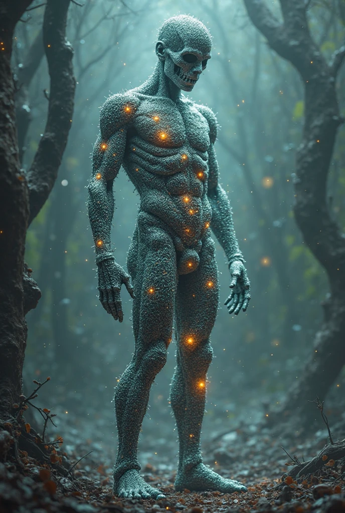 mesmerizing realistic photo of a male figure made entirely of otherworldly luminescent and translucent materials walking by the night river inside extraterrestrial rainy forest, see-through body, veins and bones visible through translucent tissues and transparent skin, intricate tissue details, detailed vegetables, early morning natural soft light, firm perky breasts, alluring titties, flat chest, translucent bio-luminescent materials, ultra-realistic, (Voronoi pattern, depth of field, (swirly bokeh:1.275), (Kodak Portra 400:0.875) :1.15), (realistic complex futuristic background, lots of futuristic cooking devices:1.1), shiny glass, (rim lighting, low key light:1.15), celestial, ethereal, epic, magical light flares, natural soft dreamy lighting, ((warm-yellow and deep-carbon:0.7), (cinematic look:1.15):1.15)