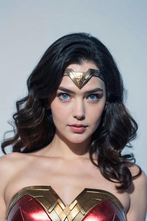 Brune regard , mesmerizing blue eyes, in the shape of a fine, wavy hair with an intense black, a beauty resembling that of Gal Gadot, ultra realistic image