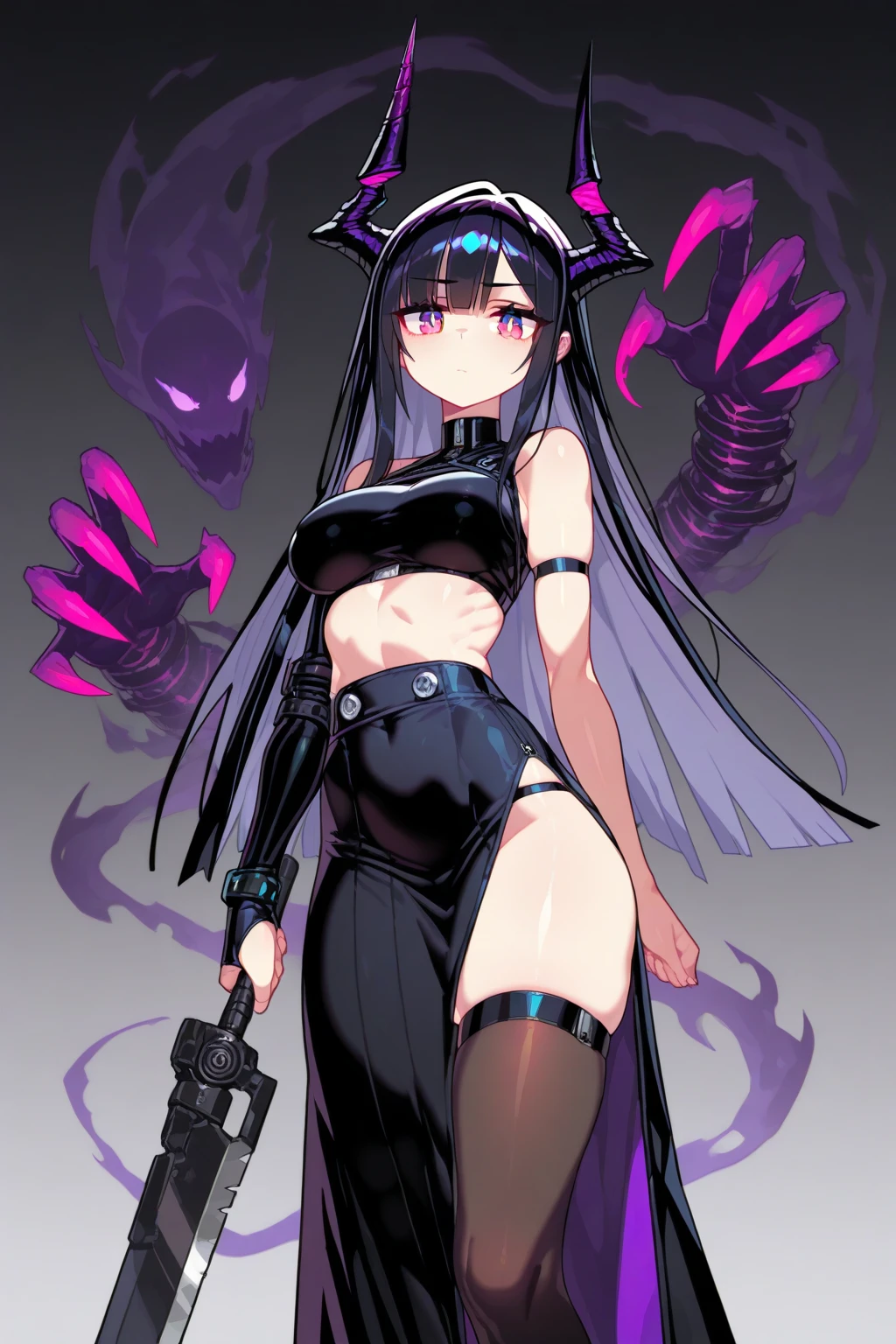 A close-up of a cartoon character holding a skull, holy cyborg necromancer girl, monstergirl, rossdraws and jazza, style of duelyst, jazza and rossdraws, lucio as a woman, rossdraws cartoon vibrant, wlop rossdraws, dark witch character, mechanized witch girl, guilty gear art style, The skull of her hips,full bod,black shoes