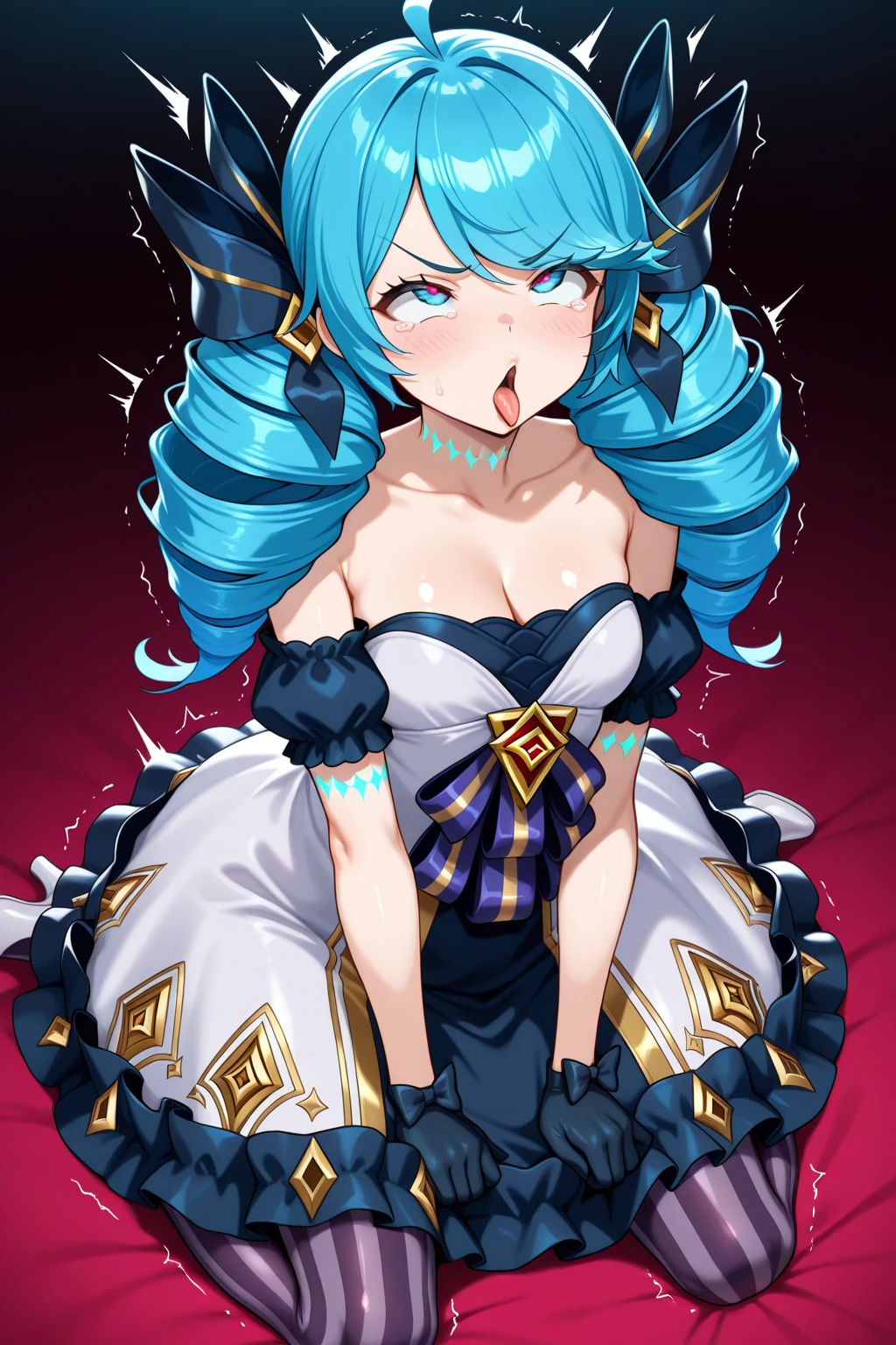 Gwen,Jinx,(A white border around a dark red rectangular background:2.5),blue hairs,Black bow,Carrot in his chest,aprons,squatt,huge tit,High detail,ahegao face,Moles under eyes, Heart-shaped pupils,Love pupils,Lots of hearts,Fleshy thighs,highly rendered,detailed face with