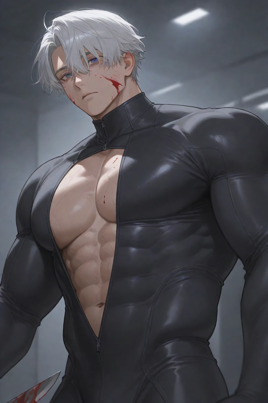 ( half body ), 1man, toji fushiguro, wound mouth toji fushiguro, solo focus, black shirt realistic, abs sixpack, pale and young adult face, realistic messy white hair, realistic, realistic outfit, black shirt realistic, ultra detail, detailed and correct facial and body structure, abs sixpack, muscle. handsome, attractive, slightly muscular, cinematic lighting, unreal engine, trending on ArtStation, intricate details, masterpiece, best quality