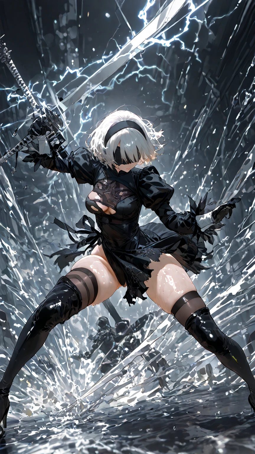 , 2BNAXL, blindfold, black blindfold, hairband, white hair, short hair, medium breasts, clothing cutout, cleavege cutout, black dress, puffy sleeves, feather-trimmed sleeves, black gloves, leotard, skirt, black thighhighs, thigh boots, black high heels froating,masterpiece, top quality, very beautiful, high contrast, semi-realistic, Newest,balancing ,silver light particles , silver shimmering aura, silver Ligmagmb, electricity, dynamic pose,Fighting action,high angle,(wet),shiny skin,shiny ,score_9 , score_8_up , score_7_up ,wet clothes,shiny clothes,(torn outfit:1.3),High-legs thron,small breast,Spread legs,holding long katana,
