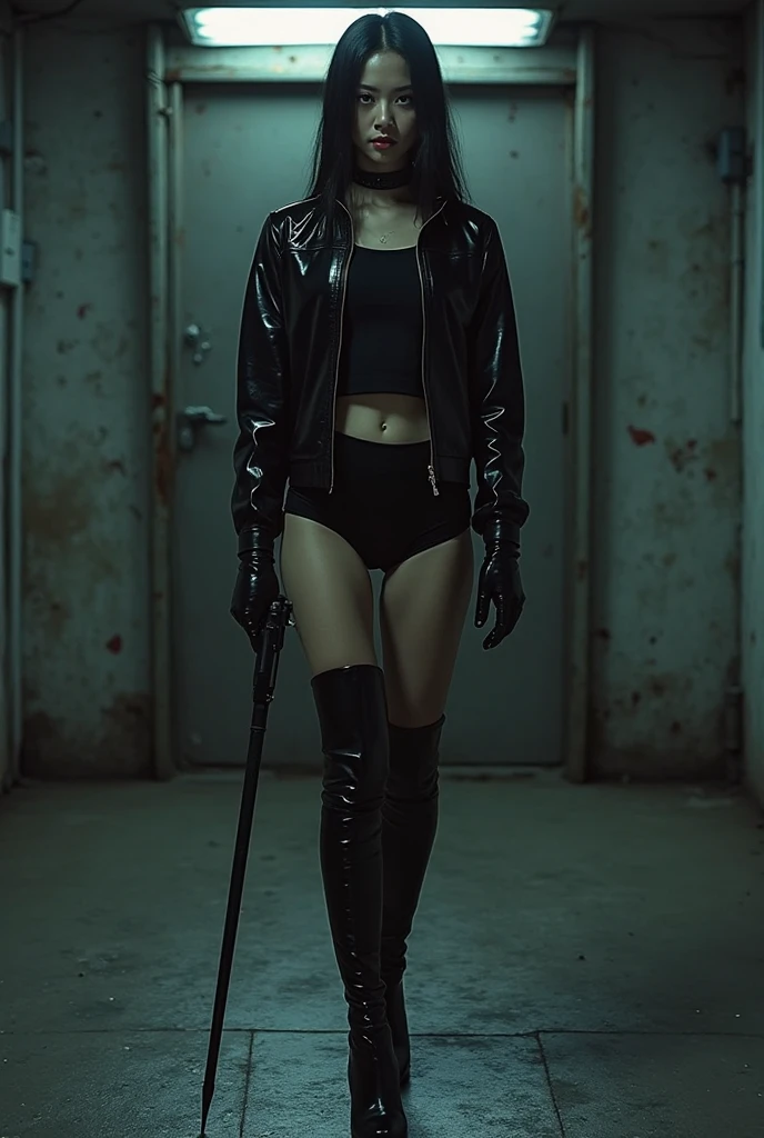 (nsfw:1.4), masterpiece, Best Quality, hyper Realistic, A mysterious and sophisticated beautiful model, identity hidden, all body shot, with blue eyes wears futuristic and sexy fashion art. 18-years-old, beautiful and sexy Japanese girl is climbing at a wide angle, standing and random posing, with her full body in frame. She has an ultra-slim waist, Breasts in a high position, large firm breasts, a large-sized buttocks, showcasing sculptural beauty. gray arranged hair, light color eyes, Realistic skin, Detailed face, , small head. /// detailed clothes, Her outfit includes see-through BLACK cropped top with multiple elastic silver harnesses designed, adding a minimalist beauty., She accessorizes with futuristic accessories and wears technical sneakers. Her demeanor exudes harmony and striking simplicity, The wear hugs her body tightly, accentuating her curves and digging sensuously into her skin, /// small head and face, Detailed wide Duck mouth, half open mouth, perfectly aligned teeth, perfect beautiful wide teeth, light blue eyes, half open eyes, shiny Droopy eyes, looking other, /// She is situated within the interior of a futuristic colony, in the deep night, with mist drifting and steam rising from concrete
