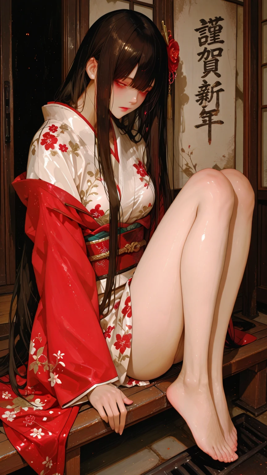 A beautiful 15-year-old Japanese princess from the Sengoku period with long black hair Gorgeous embroidery, Ultra glossy, She is wearing a shiny Edo-period princess kimono. She's having sex During the intense sex act, she ends up having a penis inserted into her pussy