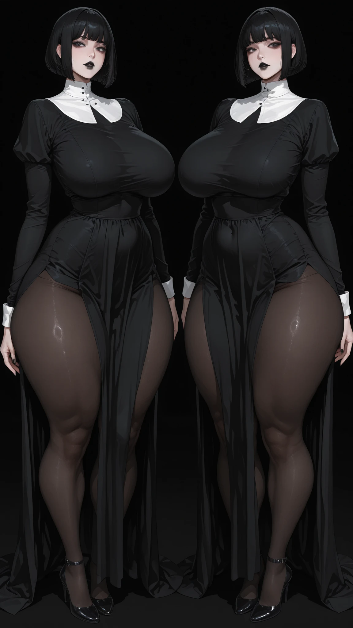 digital art, highly detailed, reference sheet, standing pose, legs uncrossed, hand on hip, hand pulling at cheek, feminine features, dark skin, overweight, curvy, corpulent, portly, mature woman, adult female, whole body, bald, form-fitting, abaya dress, scarf, long sleeves, long skirt, shoes, 1woman, solo, upper body, lower body, ((Extremely Detailed)), ((Best Quality)), ((Masterpiece)), ((4k)).