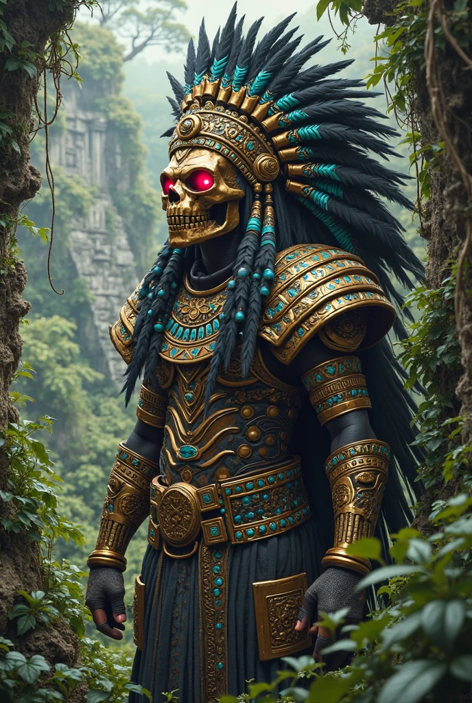 (((Rain God))) best quality, very high resolution, detailed CG in 4K, masterpiece, Aztec mythology,zombie rain god, Tlaloc, green feathers, trees in the background, Mexico, standing pose, Aztec clothes, Aztec city,((full body)), aesthetic, beautiful image, centered on screen, standing pose