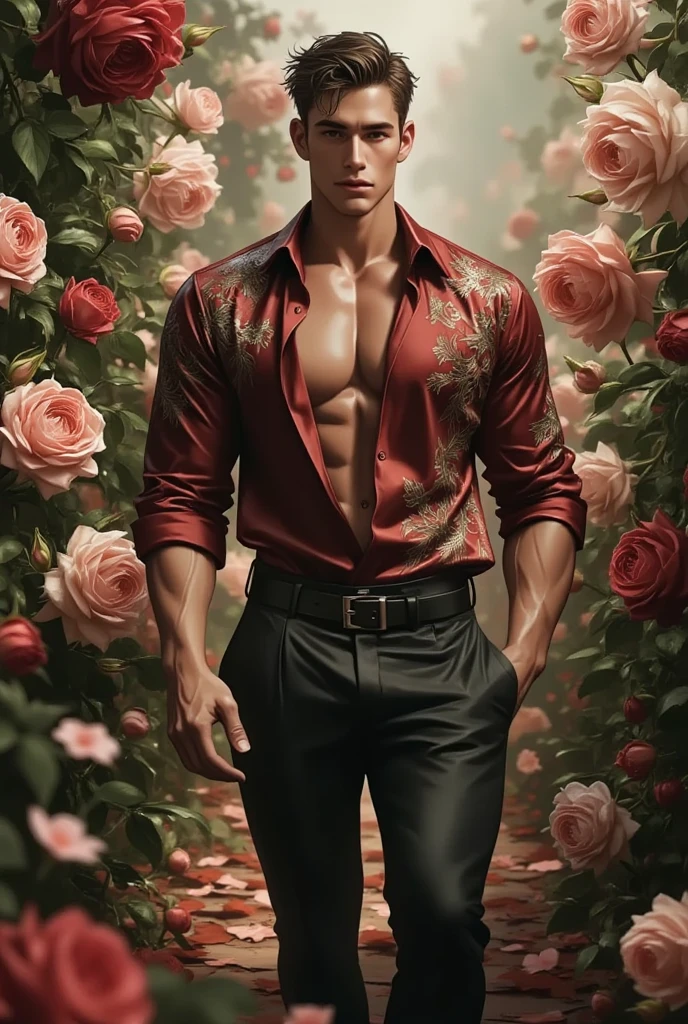 (absurdres, highres, ultra detailed), 1 male, solo, beautiful, handsome, tall muscular guy, smooth skin, sexy gaze, mature, verious red and pink roses around him, the man is standing comfortably in the roses, from directly above, gorgeous, wet, model pose, colorful, artistic, depth of field, focus on his calm facial features, elegant look, looking at the viewers romantically, shirtless, bare body, wearing black flirty touch underwear, tattooed chest, full body tattoos,