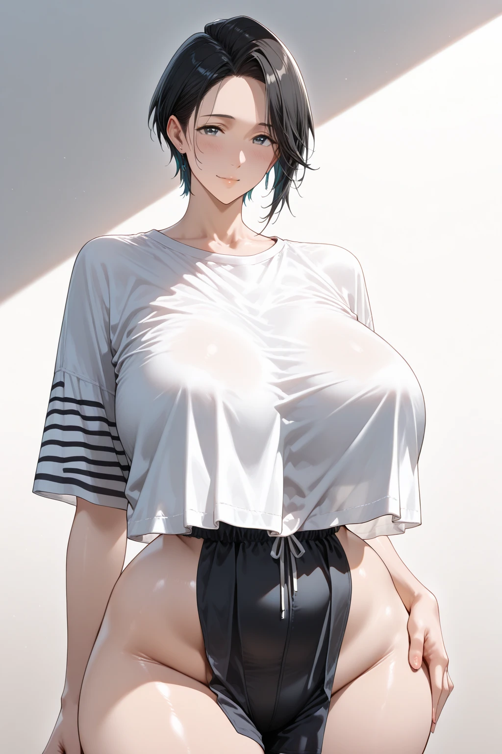 ((1 girl)), 1 face, laying on bed, (((missionary legs))), full opened legs, (girl in skinny tight navy jeans), (long jeans), (navy jeans), ((jeans legs)), slim, slender, adult, 28 years old, (short bob cut), ((black hair)), bangs, nose blush, full opened eyes, round mouth, drool, orgasm, (topless), hard nipple, pink nipple, (((embarrassed))), hard sweat, ahegao, detailed face, blue eyes, japanese, detailed jeans, detailed cloth, high quality, small breast, cameltoe