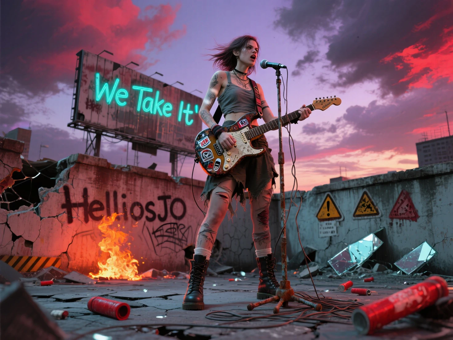 anime lady wearing headphones while killing a crowd of zombies, blood spill on her