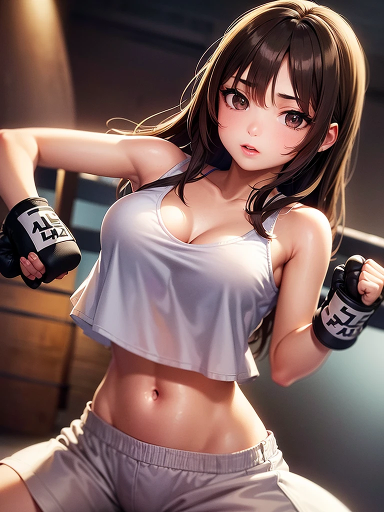 Absurdres, hdr, ultra detailed illustration,1beatiful girl, extremely detailed face, RAW photo, film grain, skin pores, trending on deviantart,boxing uniform,small detailed delicate face,large breasts,tone abs,wet skins sweat,boxing venue,dynamic pose,dramatic light