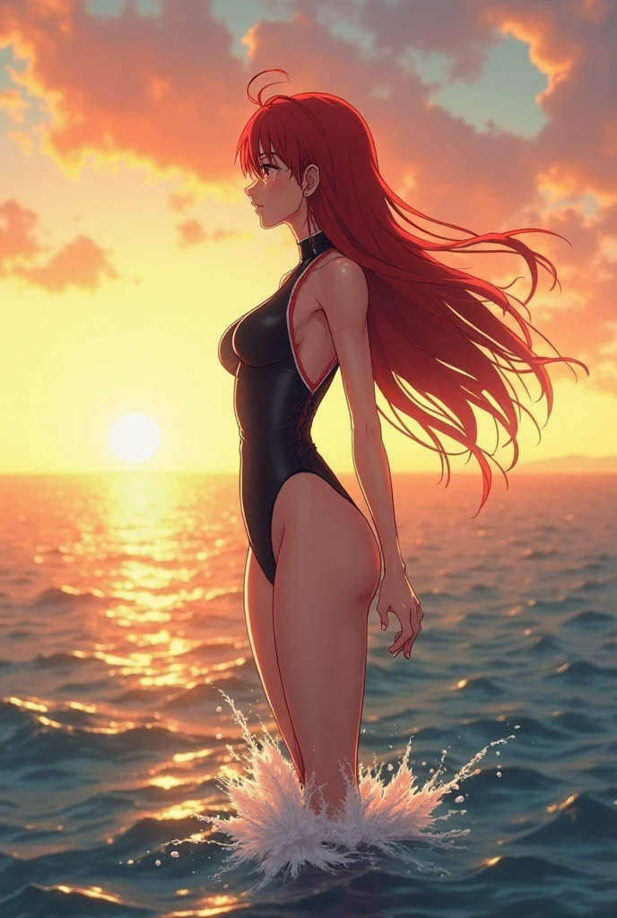 1 mujer, pelo rojo corto, dedo en la boca, ropa ajustada, busty, cuerpo definido, atletica, chile, colores de chile, cielo rojizo, atardecer, paisaje hermoso, alta calidad, 4k, hd, particulas rojizas, desesperada, enferma mental, gotica