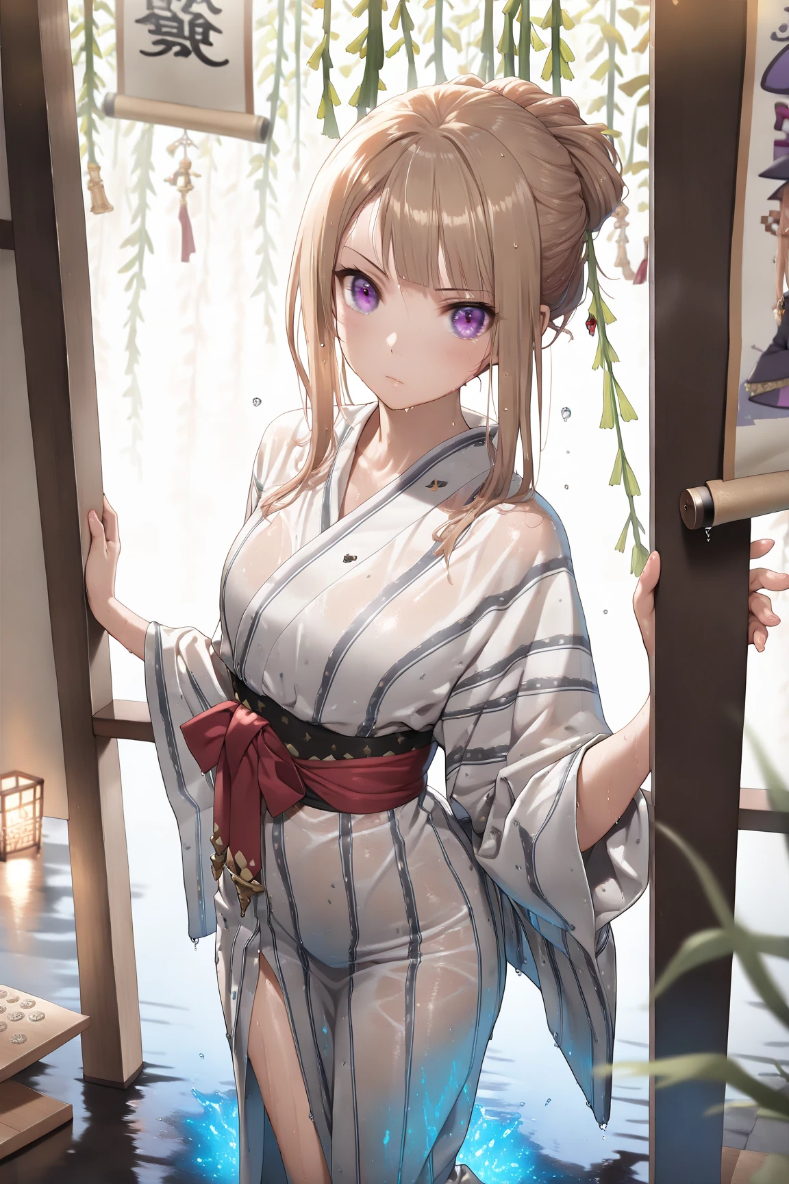 BREAK looking at viewer,BREAK (masterpiece:1.2), best quality, high resolution, unity 8k wallpaper, (illustration:0.8), (beautiful detailed eyes:1.6), extremely detailed face, perfect lighting, extremely detailed CG, (perfect hands, perfect ???????),onsen,hot springs,,night,lights, power_csm
blonde hair, yellow eyes, cross-shaped pupils, symbol-shaped pupils, red horns, sharp teeth,skinny fit, japanese dress,yukata,kimano,cleavage, neckline, black choker, lace bra,nipples see through,