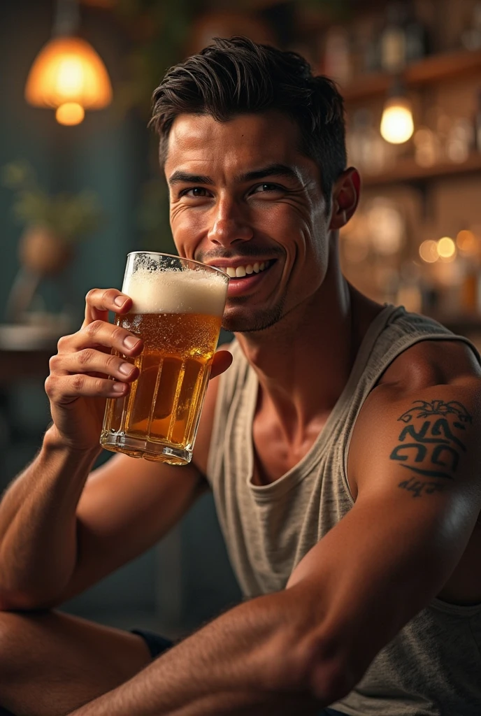 Young handsome cute beautiful skinny white face without shirt with cowboy en un bar de cerveza en la mano