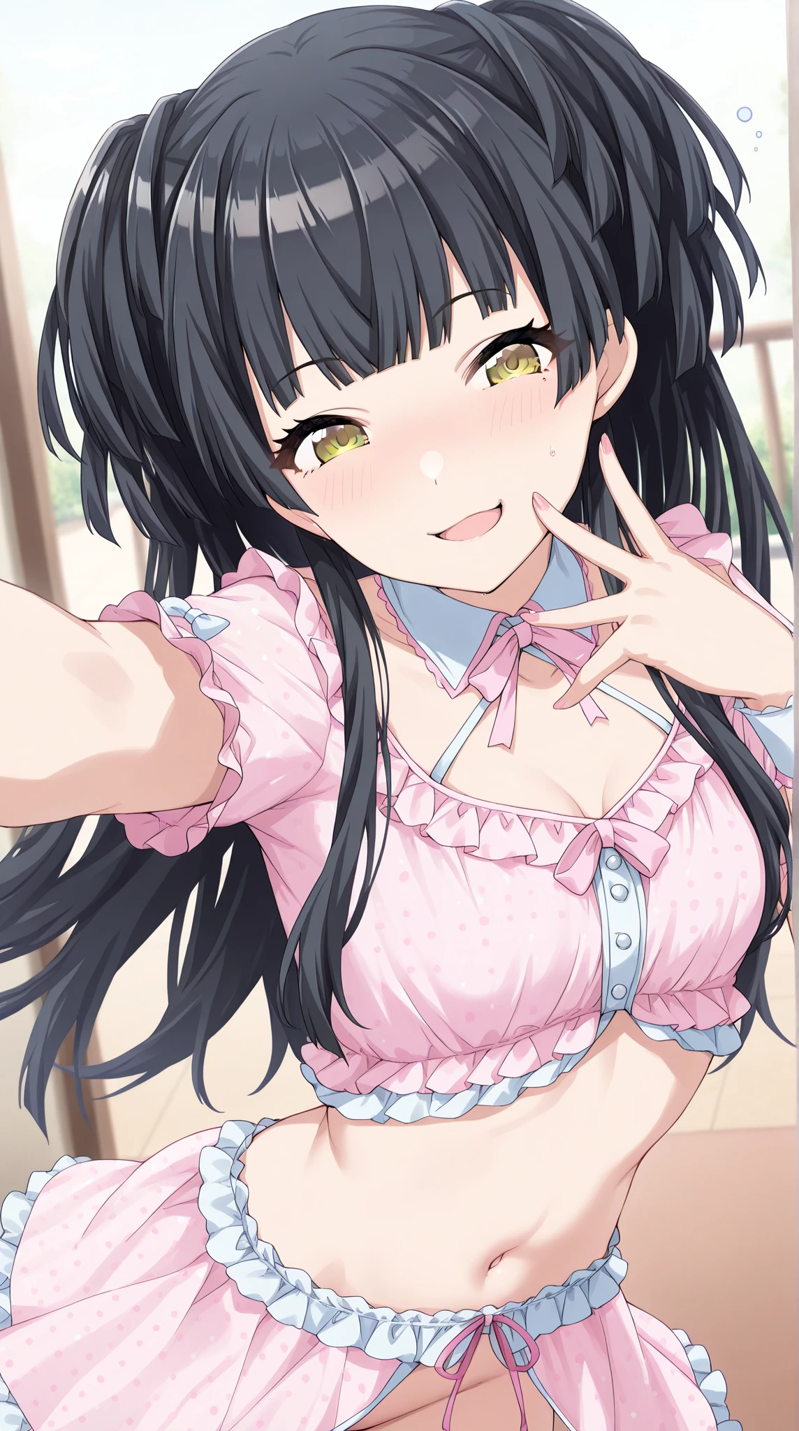 Beautiful girl at 13 years old,Japanese,,,Small and slim,Flat Chest,Small breasts,Baby Face,Small face,Black Hair,Twin tails,Grey Eyes,middle School girls,White Nightgown,lingerie,open mouth,tongue out,Kneeling and sitting,Beautiful and detailed anime art,A mischievous smile,high angle, looking at viewer, looking ahead, from above,cowboy shot,Sexy vibe,cum on tongue, handjob