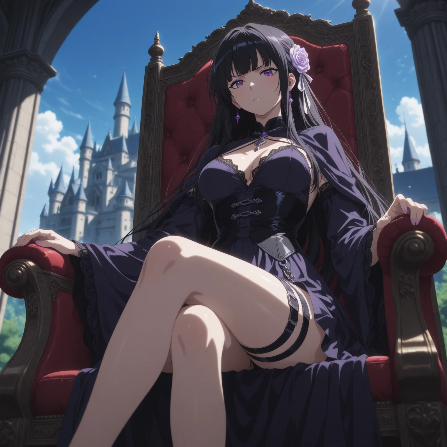Royal life, demon empress, Daria,
Glaring at Viewer, From below, Focus,
Hell fortress, throne,
masterpiece, top-quality, Anatomically correct, SFW,
POV, imperial dress,