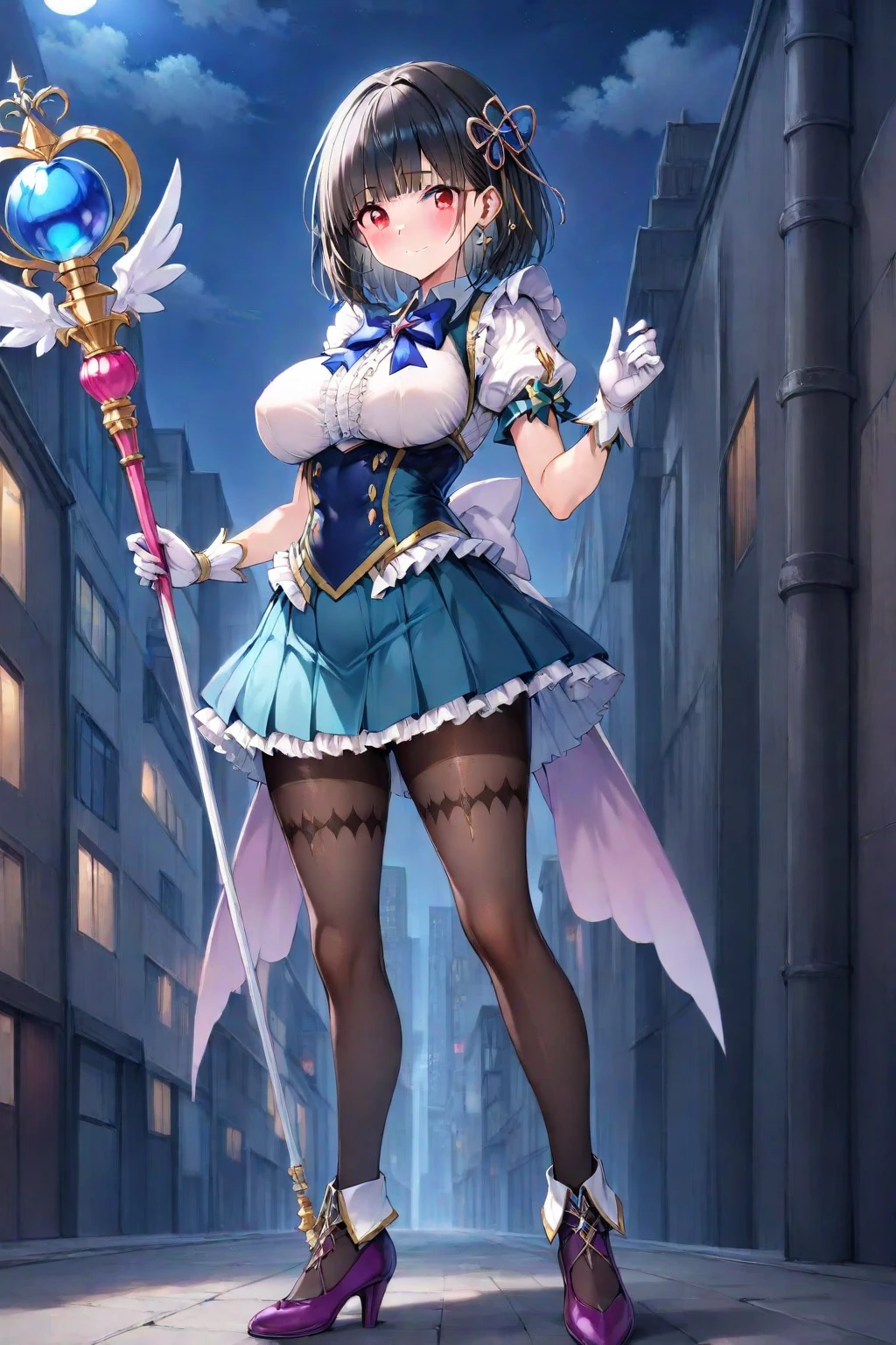 multiple girls, giantess art, highly detailed giantess shots, giantess, most detailed, perfect face, Two legs, Five fingers, short hair, A beautiful girl who is bigger than a skyscraper, Wearing rimless glasses, smile, huge breasts, blue base magical girl dress, bow, magical girl, holding a magical wand, black pantyhose, blue stiletto heels, thunderbolt from a magical wand, seaside metropolis, numerous miniature warships on the sea, Destroying cities, Under heavy attack, A very small big city, Miniature metropolis, Full body description, GTS, giga giantess, stomping city, crash city, tiny city, micro city, pantyhose feet, High resolution, highest quality, masterpiece, 