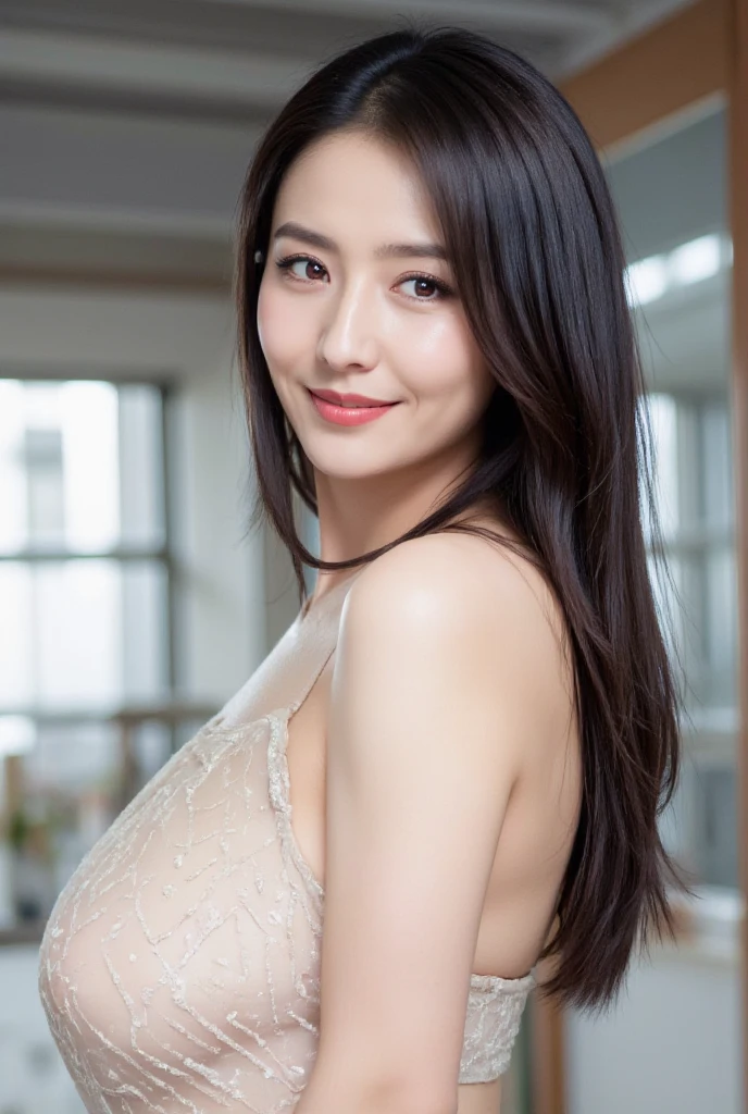 highest quality, masterpiece, High resolution, Photoreal, Raw photo, 8k wallpaper, Flawless, professional lighting, very detailed, Depth of the bounds written, ((one beautiful woman)), 48 years old, sexy woman, mature woman, Japanese, Upper body, ((look into the viewer's eyes)), detailed face, beautiful eyes, ((facing the front)), small bust, cleavage, straight hair, cowboy shot, wrinkled face, grin and laugh, sloppy body