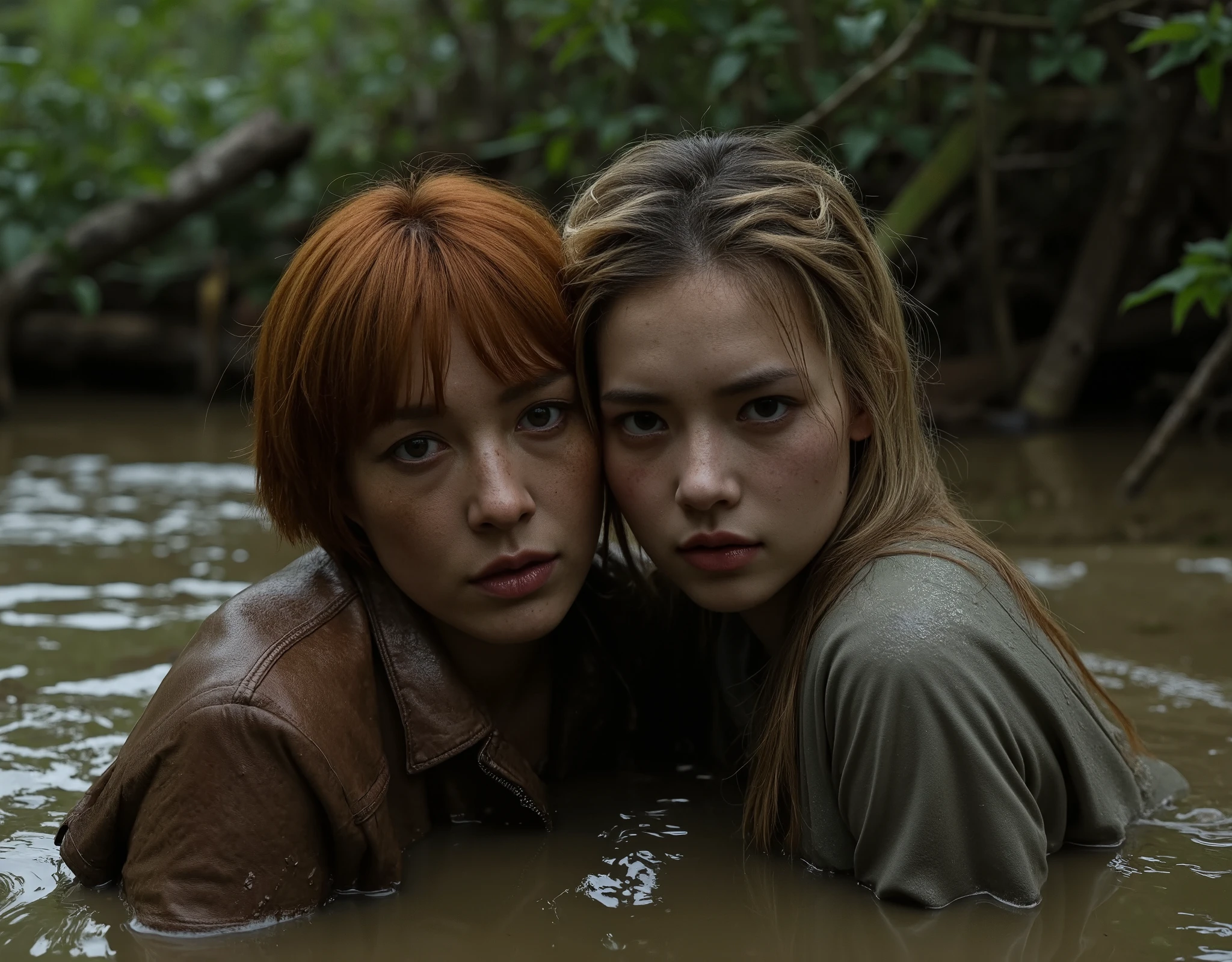 (1 woman, mid-aged, 40 years old, with bags under her eyes, copper-brown short haircut, in a leather jacket) and (1 girl, fragile, 20 years old, long blond hair, sports T-shirt, a gloomy expression of orgasm). stuck in a dirty swamp against the backdrop of a dense forest. they have light skin, dark orgasm. clothes are soaked through. wet clothes, wet hair.