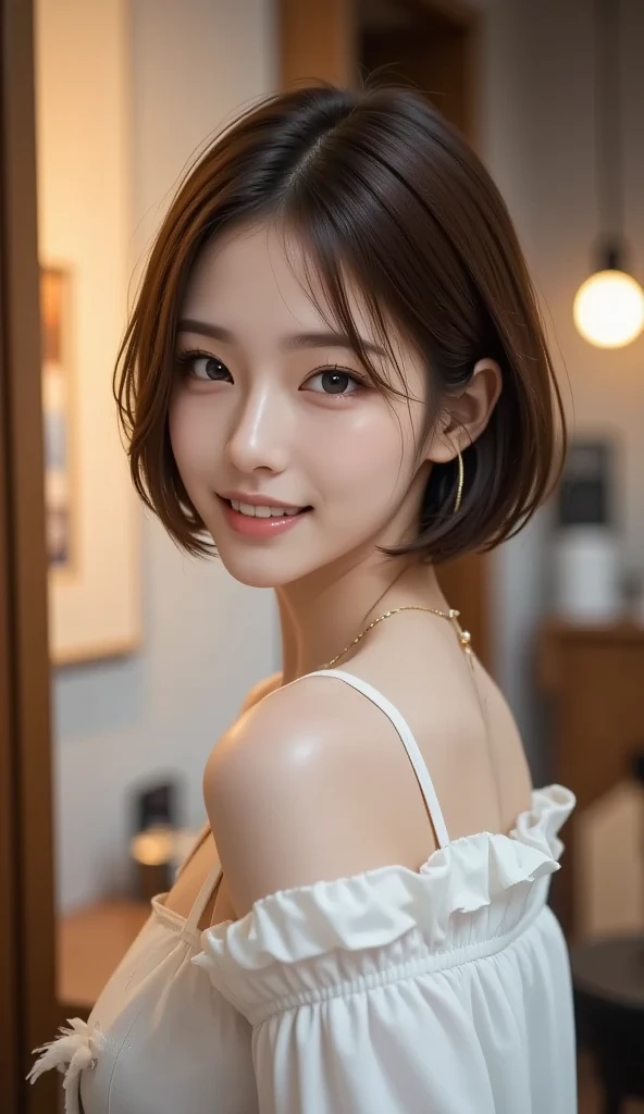 (((Cafe:1.3, indoor, Photographed from the front))), ((medium bob:1.3, white shirt, black inner, japanese woman, cute)), (clean, natural makeup), (highest quality, masterpiece:1.3, 超High resolution), (Super detailed, caustics), (realistic:1.4, RAW shooting), very detailed, High resolution, 16K resolution