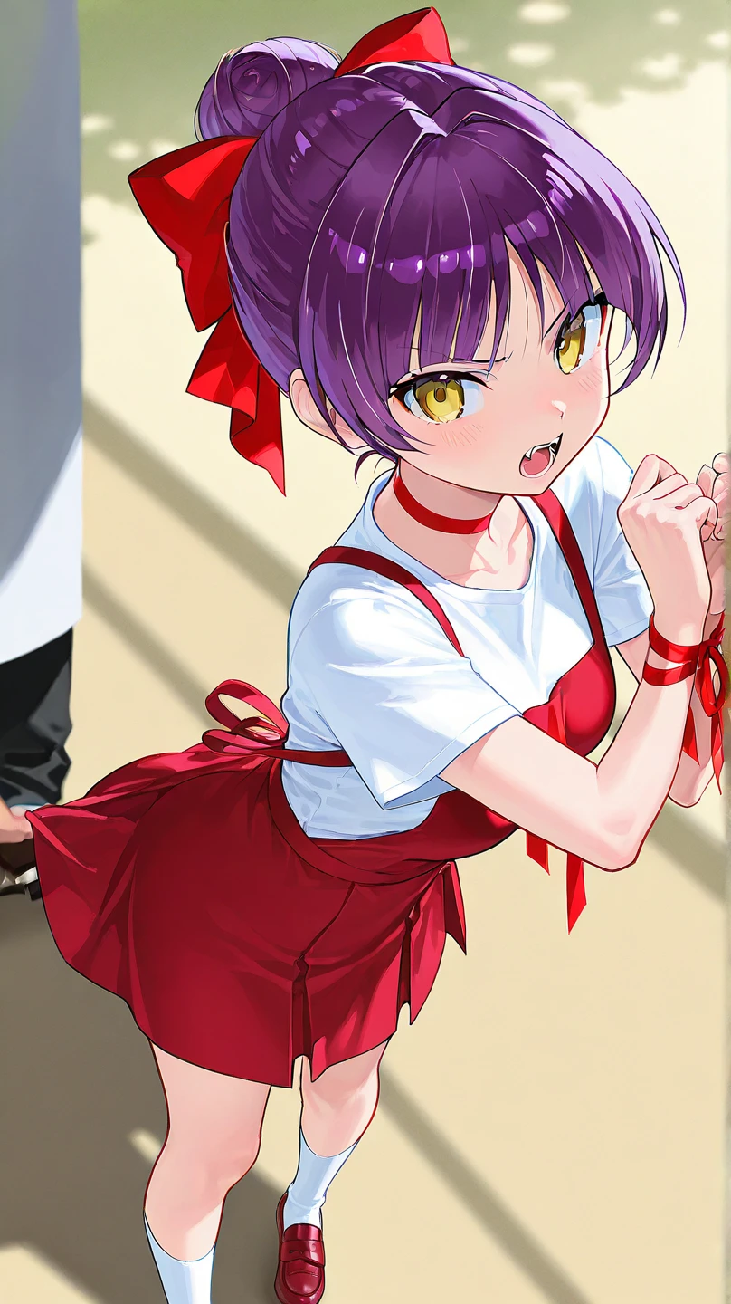 GeGeGe no Kitaro:Cat ear girl、1 girl、 slender style 、 Her hair is short, red and purple,、The back of my head is secured with bun hair and a big red ribbon、 eyes are big and cat-like,、golden eyes、hour々 showing fangs 、Normally 、a human girl tied to a bun at the back of her head with a big red ribbon、red dress、long white t-shirt and inner、white socks、red loafers、Tsundere temperament、A human girl drinking frappuccino at a cafe around town、skirt flips up、Panchira