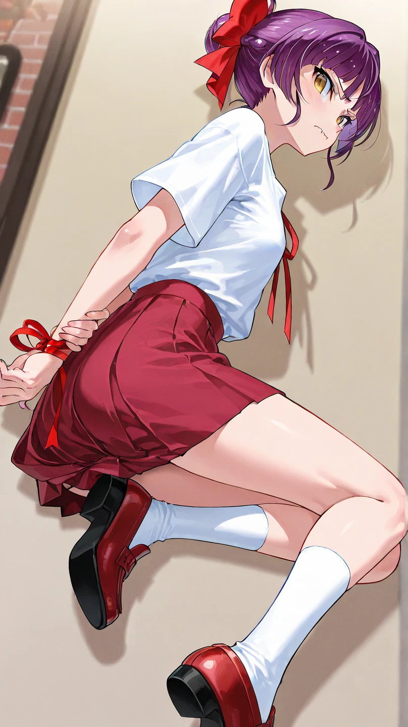 GeGeGe no Kitaro:Cat ear girl、1 girl、 slender style 、 Her hair is short, red and purple,、The back of my head is secured with bun hair and a big red ribbon、 eyes are big and cat-like,、golden eyes、hour々 showing fangs 、Normally 、a human girl tied to a bun at the back of her head with a big red ribbon、red dress、long white t-shirt and inner、white socks、red loafers、Tsundere temperament、A human girl drinking frappuccino at a cafe around town、skirt flips up、Panchira