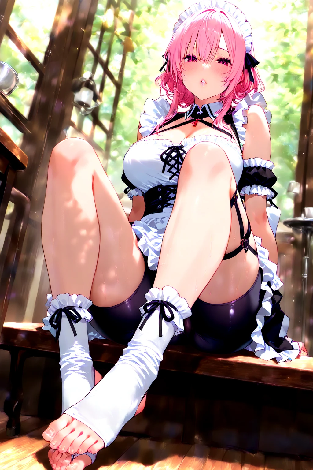 One girl, Cosmetan, methane, Twin Drill, Pink Hair, blue eyes, dress, Outdoor, Fallen leaves, (((skirt lift))), (((squat, spread leg))), (((white panties, White garter belt, white garter hose))), (((cum on panties))),