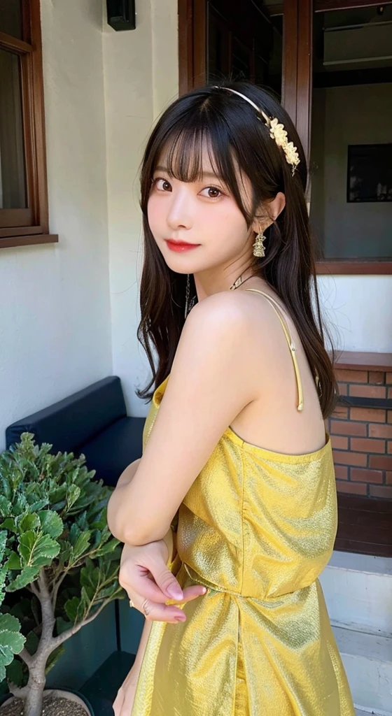 masutepiece, (8K, top-quality), , look at viewr, super gigantic breast, a necklace, Narrow waist, disheveled hair, Bangs, 1girl in, Pink hair,(she was wearing a long yellow party dress、,Off-shoulder_Dress,:1.3),(side slits:1.1)lounging, sofa, Marble floor, Red carpet, Marble pillars,Wine shed、Sit on the carpet、 Photographed with a high-resolution lens such as Nikon AF-S、show foot、Perfect fingertip、perfect hand
