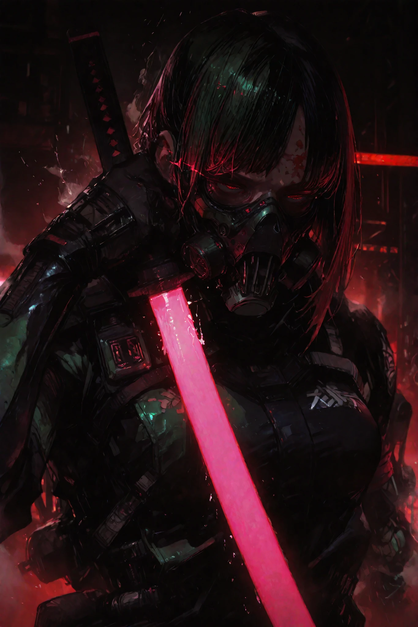 woman in a gas mask wearing black cyberpunk ninja clothes carrying a neon pink sword with the background looking as if it were a toxin in dust green and red lights hitting her face with