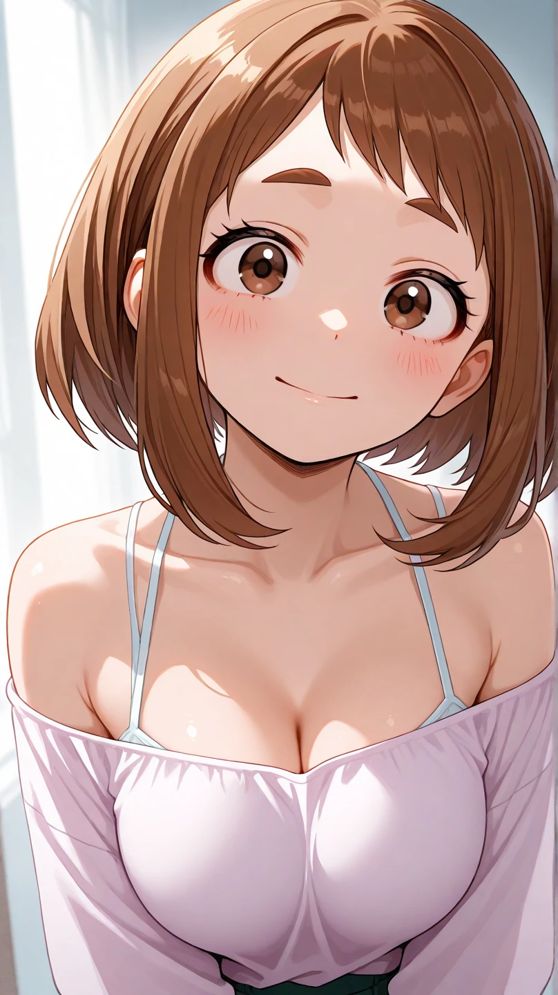 (masterpiece, best quality:1.2), (High resolution, Abstract:1.1), Super detailed, 1 Girl, Cute pose, camisole, Off-shoulder, Open your mouth, Smile, blush