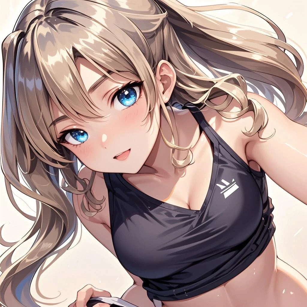 beautiful girl, long grey hair, tying her hair into ponytail, beautiful face,smiling,close up to hips, beautiful breast, warming up for jogging on field, illustration,detailed textures(realists),ultra-detailed,portrait style,vivid colors,soft lighting, blushing, mature, hair fluttering, evening light , head band, ((half body)), wearing simple workout shirts with sport bra, perky. ((side profile until hips)), very shy