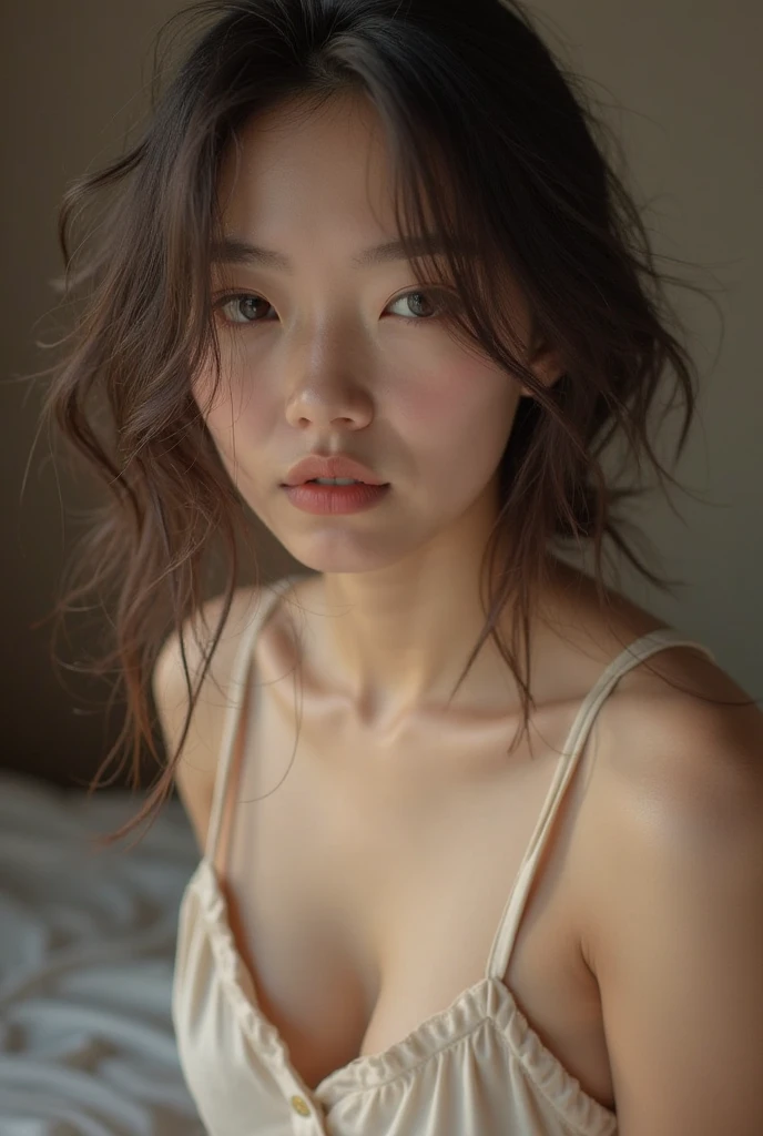 beautiful girl、Japanese、Completely naked、peek from behind the door、24-years-old、round face、thick lips、