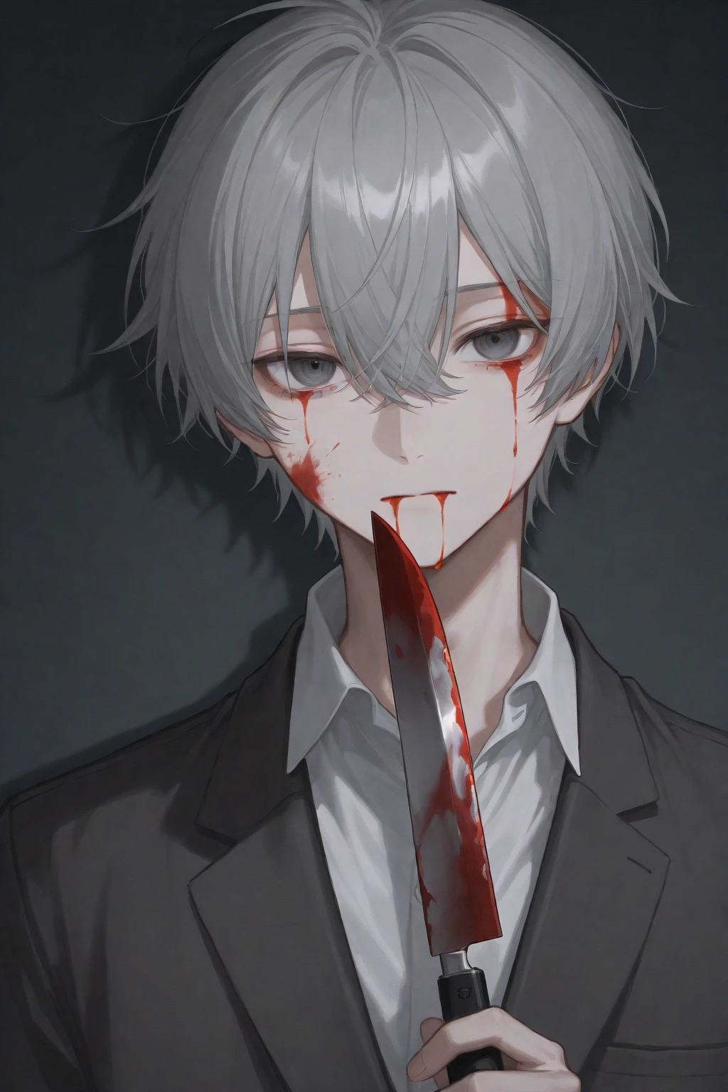 masterpiece,best quality,depth of field,8K,looking at the viewer,dark gray hair,blue eyes,man,hands in pockets,expressionless,alone,(charismatic eyes 1:1),wseifuku,white coat,bloody,dark,grayish,blood on the floor around,