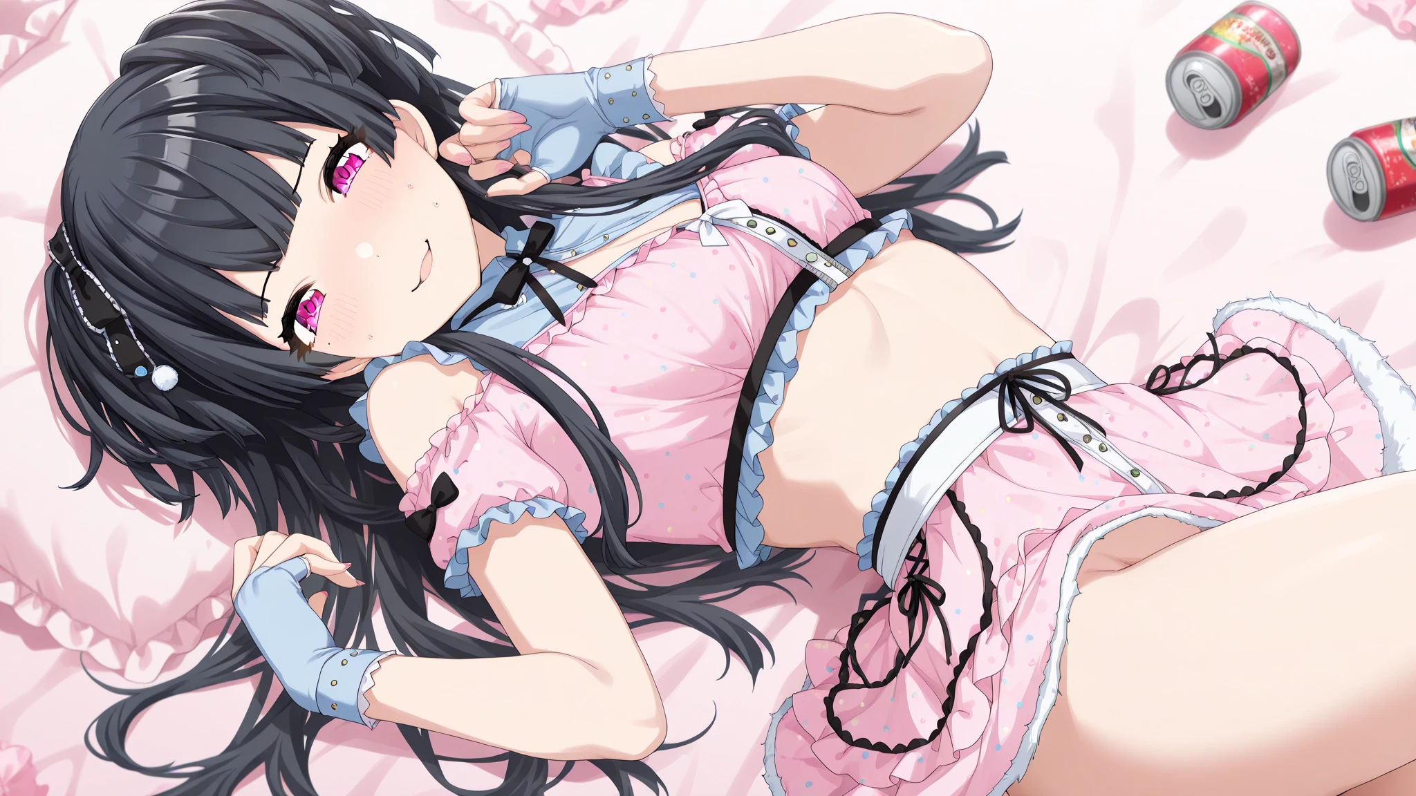 Place your hands behind your head.,front view,1girl,Beautiful girl at 13 years old,Japanese,Slender,small breasts,Baby Face,Small face,Black Hair,Row Twin Tails,Gray Eyes,Drooping eyes,middle School girls,Sheer black and pink negligee,Sexy Lingerie,open mouth,tongue out,front face,Kneeling,Put your chin forward,Beautiful and detailed anime art,A mischievous smile,front view,high angle, looking at viewer, looking ahead, from above,face focus,Sexy vibe,cum on tongue,Dimly lit room,Beautiful room,On the bed,VIP Room,White Room,Simple room,blurry background