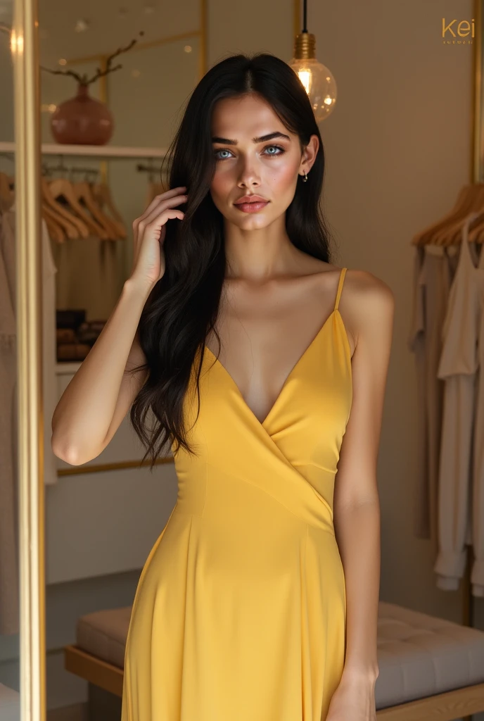 A beautiful girl stands in a new long dress of golden color in a fitting room in a women's clothing store