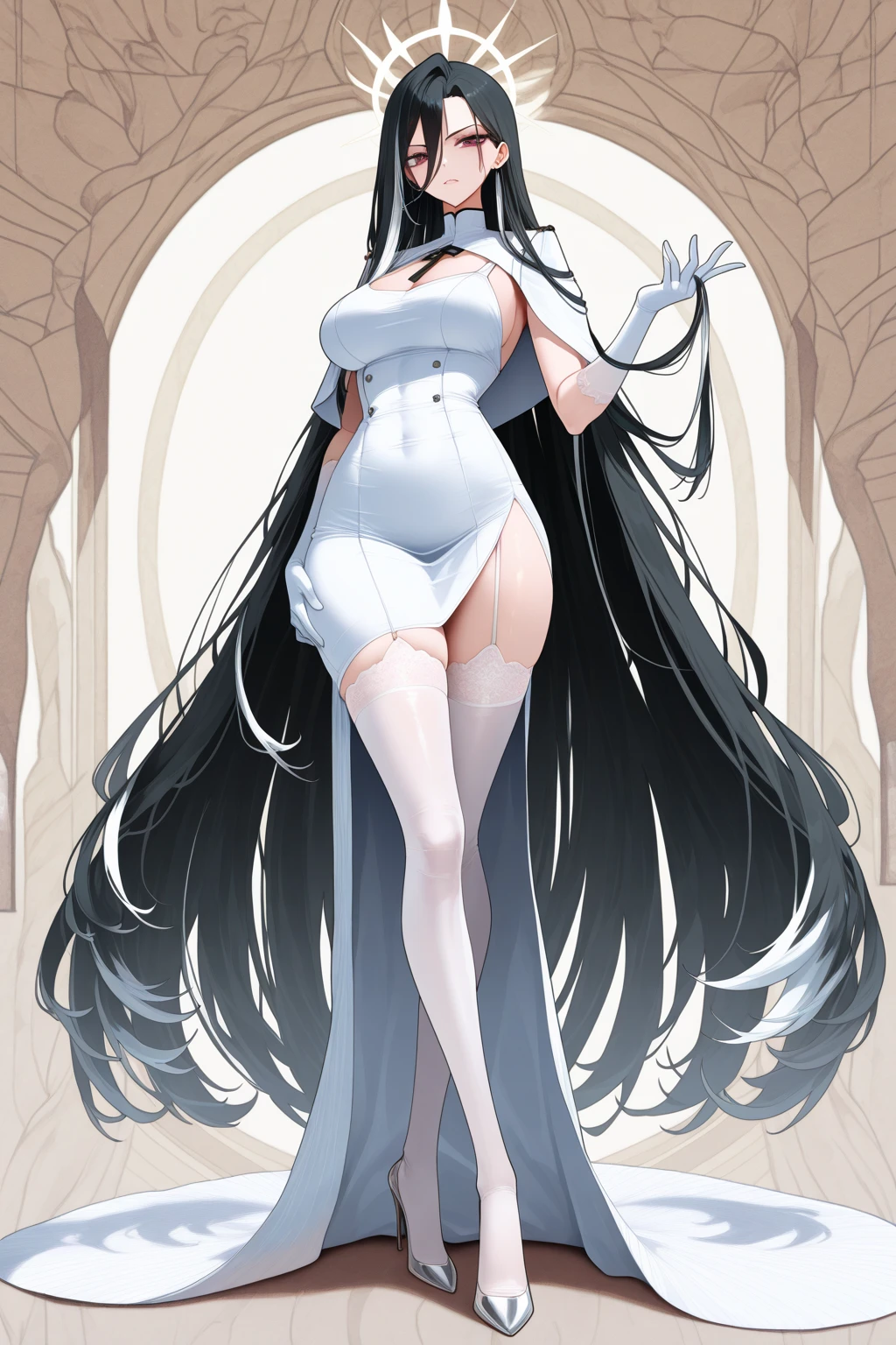 absurdres, highres, ultra detailed,
extremely detailed CG unity 8k wallpaper,
realistic, photo-realistic, RAW photo,
beautiful detailed face, pale skin, realistic glistening skin,
detailed cloth texture, detailed hair texture,
BREAK
(1girl:1.3), (20 year old girl sexy poses),
(standing:1.2),
(supermodel:1.2), (slender:1), (large breasts:1.2), (plump thighs:1.1),
(detailed black hair:1.2), (long hair:1.2), floating hair, bangs,
(brown eyes:1.2), Perfect Eyes, Symmetry Eyes,
(Wear white_shirt on top of naked:1.2), (black pencil skirt:1.2), (high heels:1.3),(pantyhose:1.2),
perfect hand, small hand,
very slim legs, very thin legs, very slender legs, long legs, very detailed legs,
soft light, rim light, two tone lighting,
BREAK
(full body:1.5),
(multiple views, split view:1.2), (close-up face, close-up upper body, close-up breasts:1.1),
(Colorful Backgrounds:1.3),
White (square:1.3) (borders:0.8),
(expressive lettering, lettering art, expressive styles, unique design:1.2), (calligraphy, creative typography:1.1),