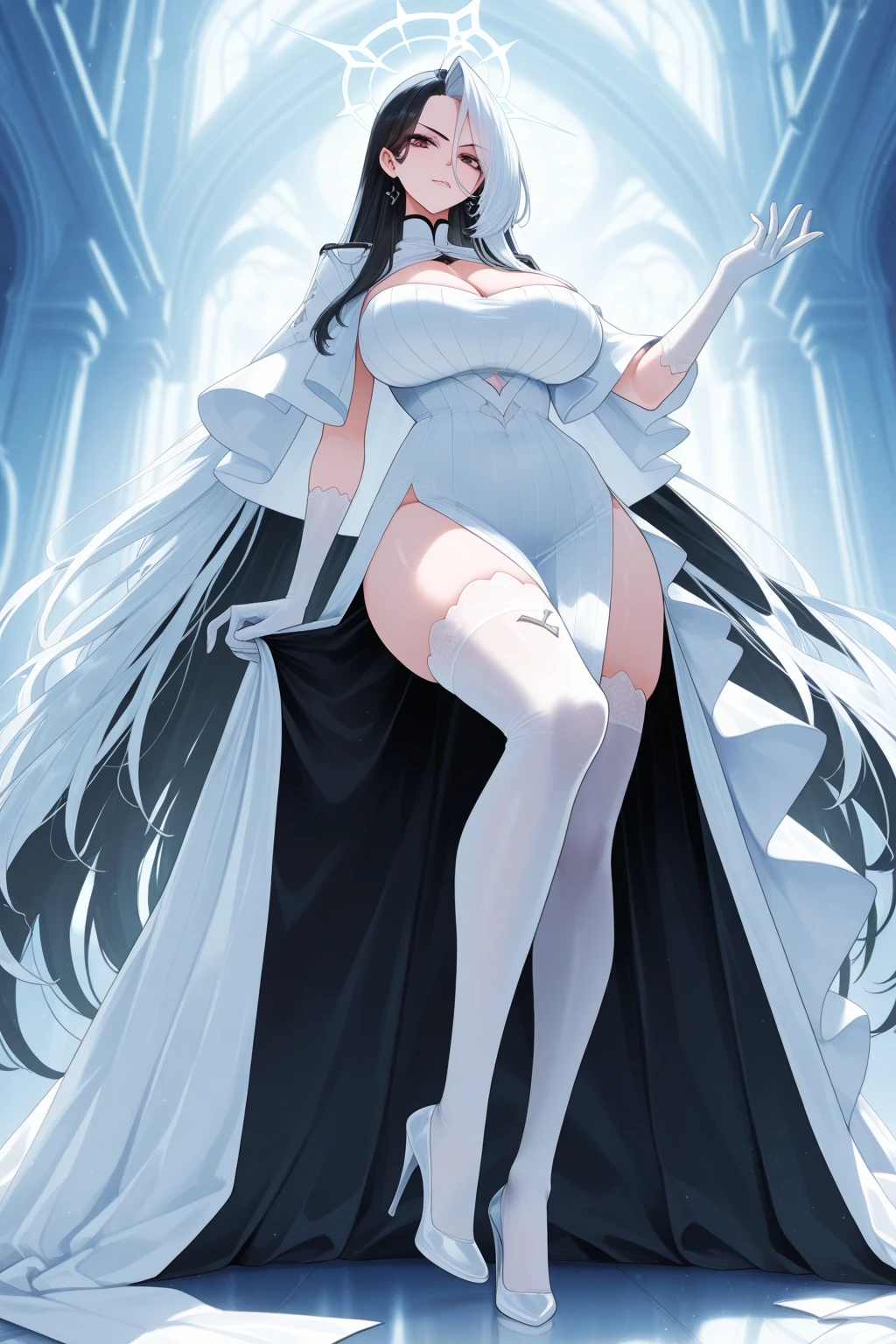 She wears a traditional black and white maid outfit, which strikingly shows her sexiness and charm. The tight black dress elegantly outlined her graceful figure, and the hem fluttered slightly, exuding a coquettish atmosphere. The white lace trim on the skirt adorns her waistline and bust, just enough to highlight her curves. Her slender waist was stretched out by a loose white belt, accentuating her slender waist even more. Her slender and straight legs are wrapped in black tall stockings, giving off an alluring sheen that makes people want to touch them. Her feet were on a pair of black high heels, making her figure more upright and elegant. A white lace headband was worn on her head, which tied her hair neatly, revealing her delicate facial features and soft smile. The whole look is both traditional and sexy, making people fall for her, as if they are in an elegant and seductive dream world.
