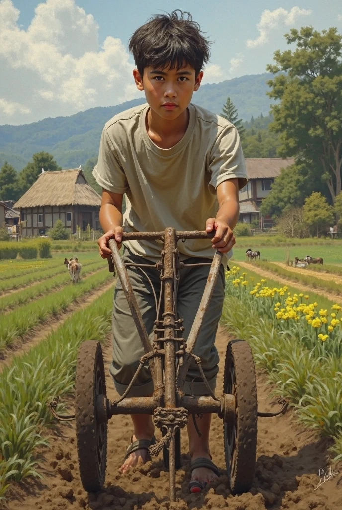 Real photo style、Realistic、Cute handsome man、Idol face、、Japanese、Slim body、Mash Hair、Completely naked、Full nudity、Riding a lawnmower in a rice field