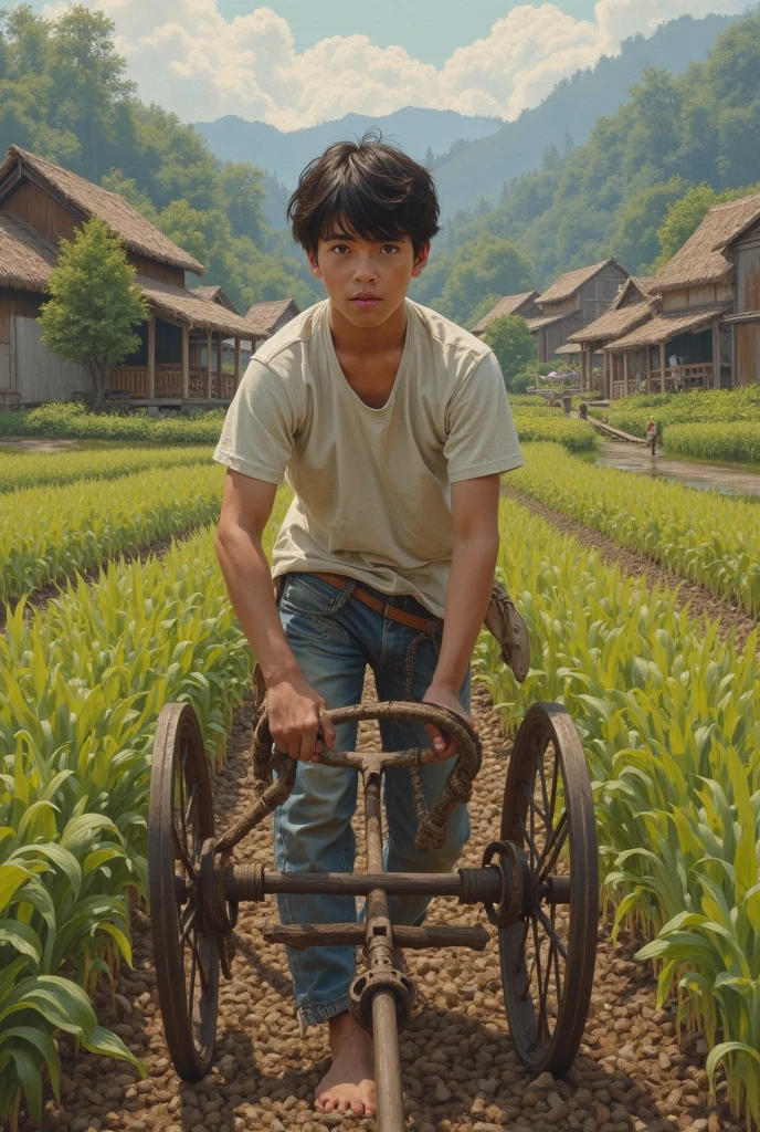 Real photo style、Realistic、Cute handsome man、Idol face、、Japanese、Slim body、Mash Hair、Completely naked、Full nudity、Riding a lawnmower in a rice field、Naked