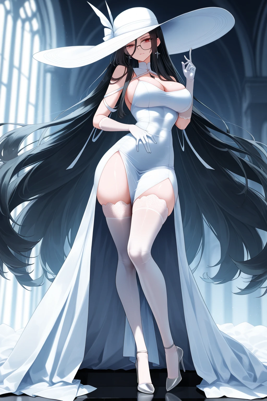 anime style; It's night, the little lighting comes from lit candles floating in the air; mysterious castle lobby; on the staircase in the center of the scene we see a vampire woman, pale face, bite marks on her neck, long and very straight hair, sculptural body, she wears a long transparent dress, through the transparency we can see large very breasts with large nipples, a slit in the dress shows her legs , she wears red high-heeled shoes with a silver stare and a mischievous smile; add a tiny flying bat to the scene; add pictures to the scene on the walls; add to the scene a glass window showing the moon in the sky outside.