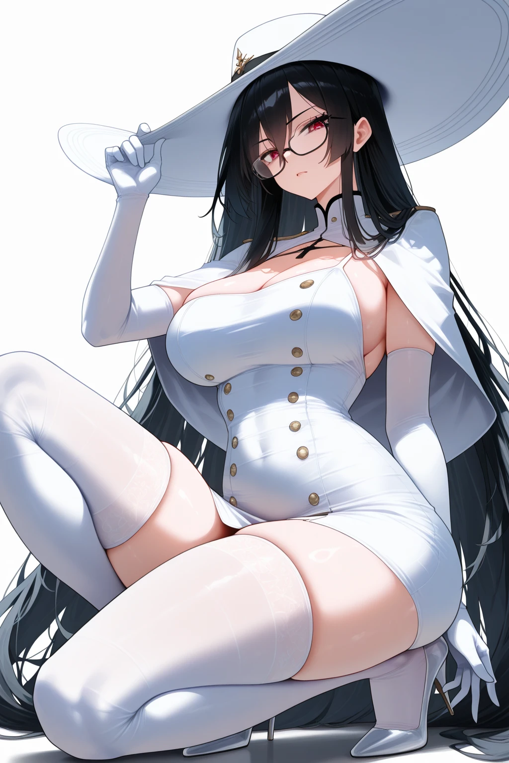 a white suit jacket and miniskirt, matching fedora hat with feather, white leather gloves, and white, thigh high, leather boots with zippers along the outer sides.
