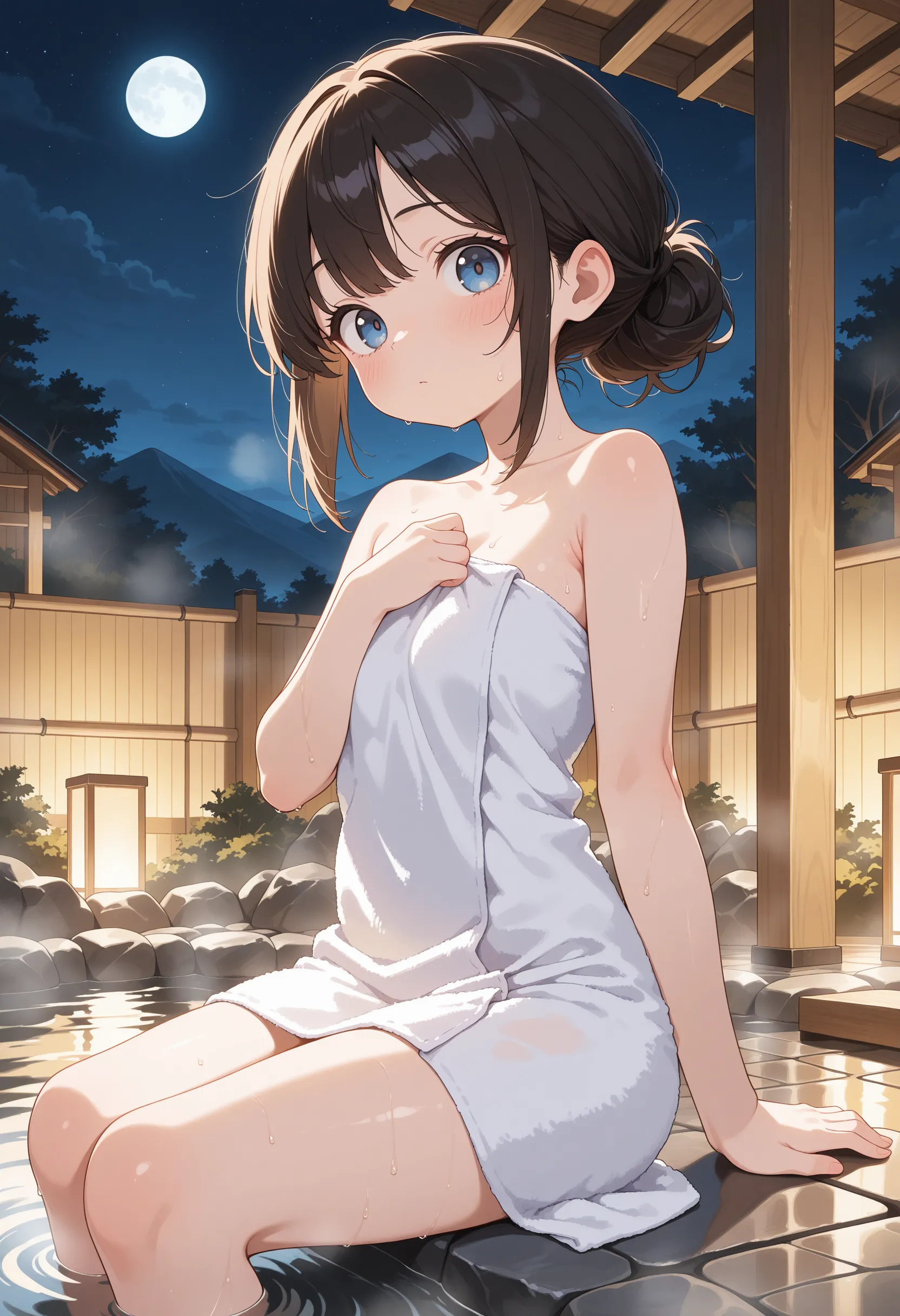 1girl, solo, breasts, looking at viewer, blush, short hair, bangs, blue eyes, brown hair, sitting, closed mouth, sky, barefoot, water, feet, wet, toes, night, towel, covering, night sky, knees up, partially submerged, onsen