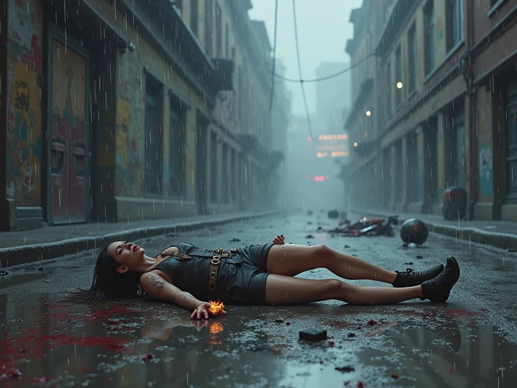 Injured soldier lying on the ground, city on fire, late afternoon, chuva leve