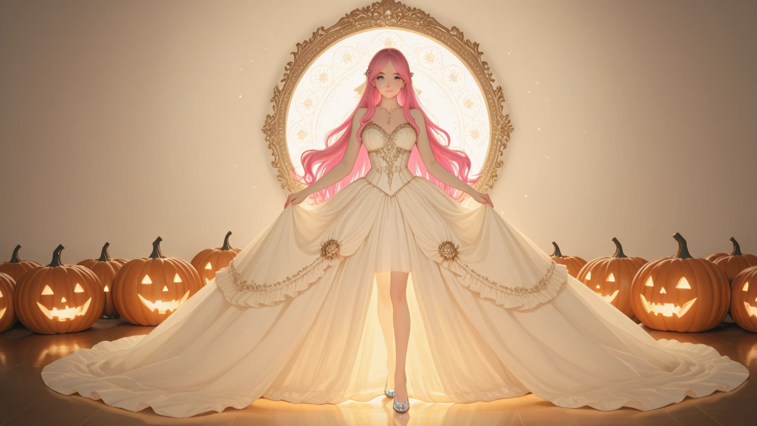 Seen from behind, back shoulder, POV from behind Very close-up of Attractive dressing Beautiful colorful hairs,perfect facial features strip band on eyes of well dressed Women in dressing room empty hand's ,looks like gorgeous wife giving a eligent pose wearing princess wedding gown dress, added anime stockings ((with big body curves, attractive queen diamond crown full dressed white and pink clothing,bouncy breasts:2.4 thin waist,big wide hips , but gigantic thighs)) wearing necklaces with princess sexy attractive long frock clothes full body clothing wedding white and pink bride clothes added coastly stockings flowen net design frock, beautiful eyes,wet lips,smooth,seen from behind,back shoulder, beautiful perfect shoulder