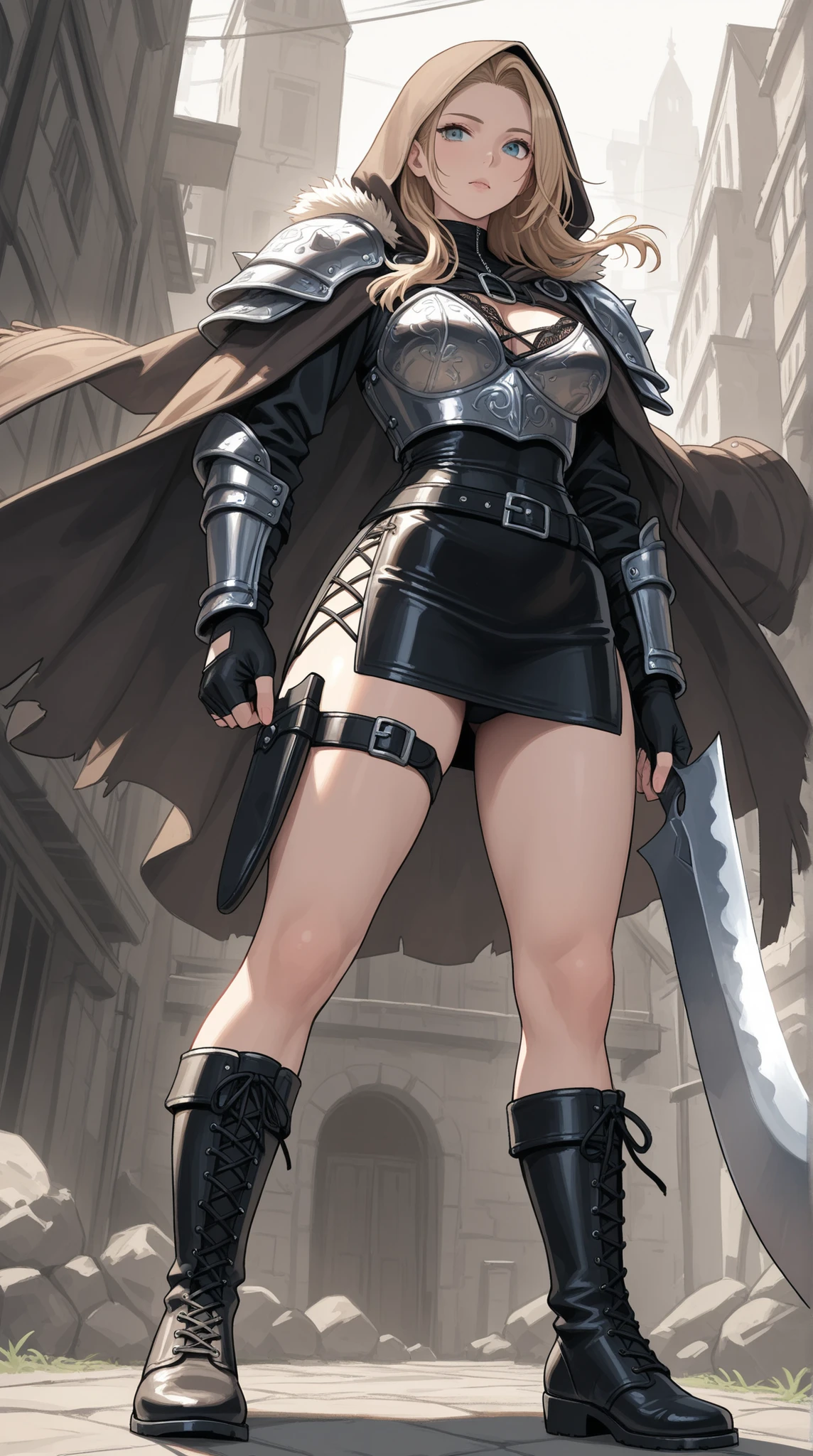 womanhood,  Leather Armor, leg knife sheath, leather boots, fingerless gloves, tight miniskirt, Lace-up Slit, 