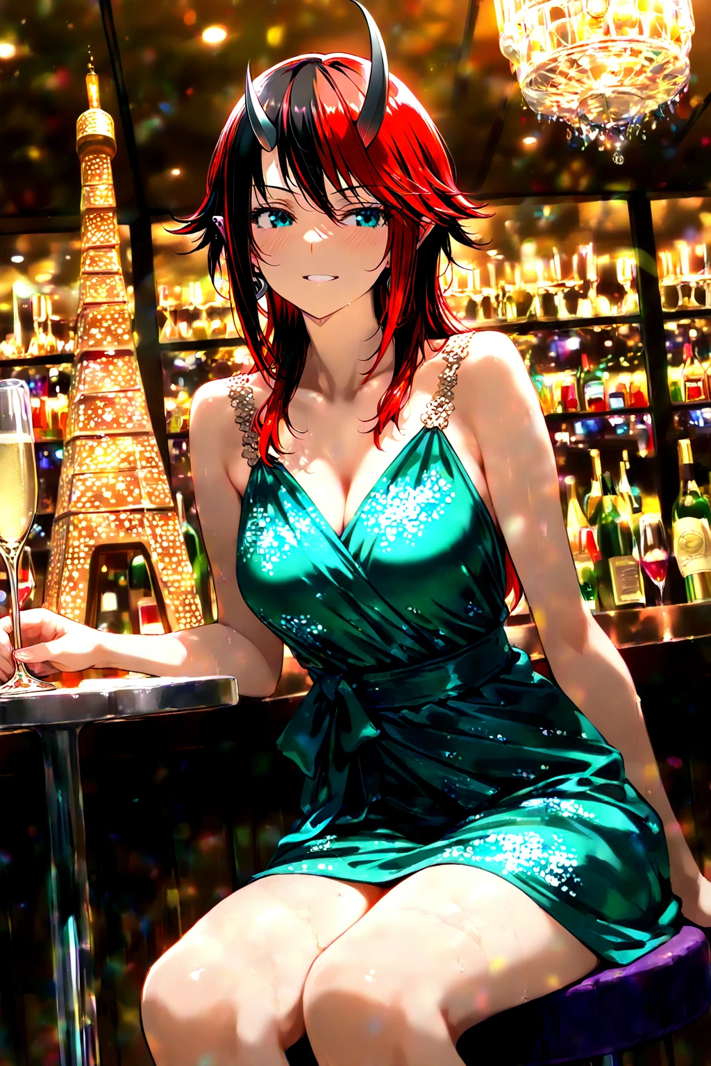 score_9, score_8_up, score_7_up, score_6_up, score_5_up, score_4_up, avogado6 style, 1girl, red hair, smug, in a cafe, sitting, natural light, looking at viewr, table, food, plates, buisness woman, elegant black dress, golden necklace, golden earrings, night, busy day, stretched hand, confidant, detailed face