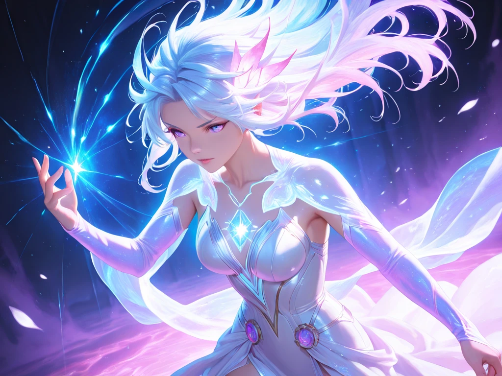 Describe Aurora radiating photonic energy in a stunning cosmic environment.
Represent Aurora in a silvery white costume, adorned with stellar patterns and a flowing cape of vibrant colors.
Illustrious Aurora levitating as an intense light emanates around her.