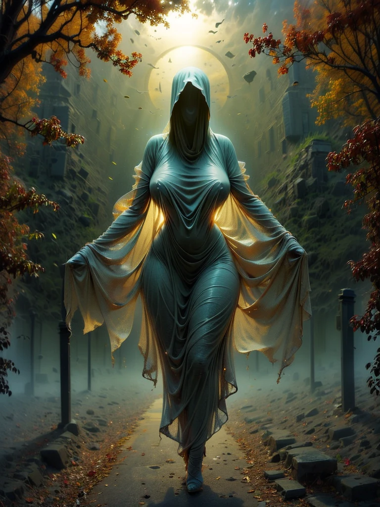 masterpiece, UHD, 16k, high detailed picture, an old abandoned cemetery, autumn foggy morning, the paths are covered with yellowed leaves, a gloomy morning, (above the mound of an old grave in a light transparent cloud, a tall graceful figure of a ghost of a young girl hovers over the mound of an old grave in a light transparent cloud, dressed in a long, ankle-length and tight ephemeral gray transparent shroud, emphasizing wide hips, narrow waist, large and neat chest), head hidden by a hood, faces not It can be seen, camel toe, nipples trough clothes, face, the rays of the sun penetrate through the figure, small breasts, foggy, g0s1