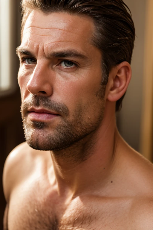 32 year old man, light brown complexion, Spiky Short Wavy Brown Hair, Body Fit, light brown eyes, lying on a bed naked with a big penis masturbating with a sexy and flirtatious look.