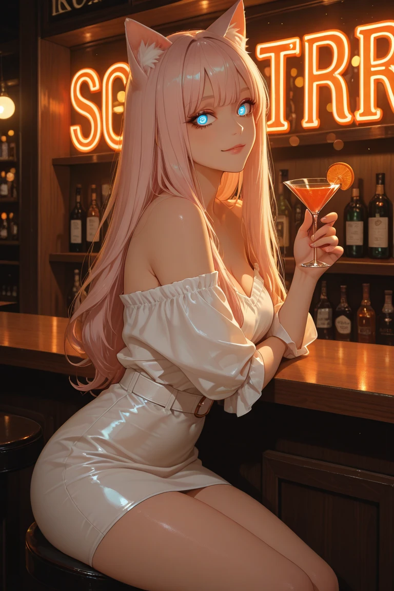 Best quality, Masterpiece, Portrait, Perfect anatomy, Femininity, Cool, Flawless, , Solo, Sexy, Stylish, Mature, Purple eyes, Long light pink hair, Mole above lip, Red lipstick, Big breasts, with a cocktail at the bar, dress